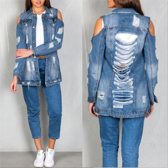 ❤LAST1❤ COLD SHOULDER DISTRESSED SLASHED DENIM - Picture 4 of 4